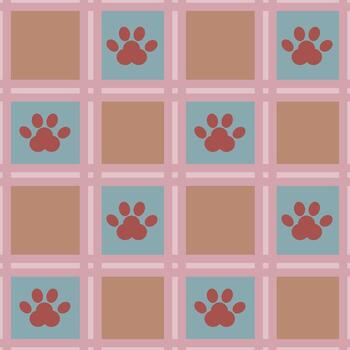 Seamless pattern featuring a grid of pastel squares, alternating between beige and teal, each containing a stylized red paw print, creating a playful and minimalist design. vector