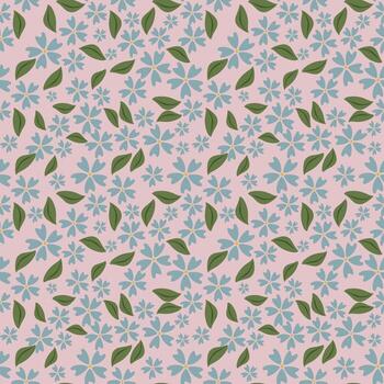 Seamless pattern with stylized blue flowers and green leaves on a pale pink background, creating a delicate and charming floral design ideal for textile prints or spring themed projects. vector