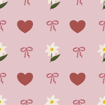 Seamless pattern featuring a delicate arrangement of stylized hearts, flowers, and bows on a soft pink background, creating a charming and romantic design ideal for various applications. vector