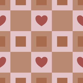 sin costura modelo con terracota y sonrojo rosado cuadrícula y corazones, creando un minimalista geométrico diseño ideal para textil huellas dactilares o romántico antecedentes. vector