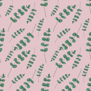 Seamless pattern of delicate eucalyptus branches with varying lengths and leaf arrangements on a soft pink background, creating a subtle and elegant botanical design. vector