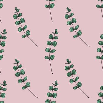 elegante sin costura modelo presentando delicado eucalipto ramas con verde azulado hojas en un sonrojo rosado fondo, ideal para textil diseño o marca. vector