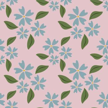 Seamless pattern with stylized light blue flowers and green leaves on a pale pink background, creating a delicate and charming floral design ideal for various applications. vector