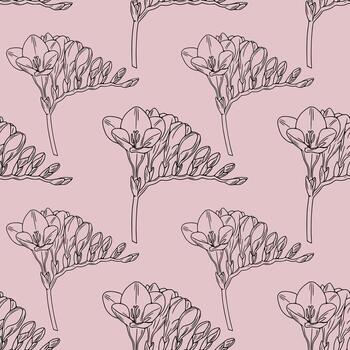 elegante sin costura modelo de fresia flores en polvoriento Rosa un delicado línea Arte diseño para femenino marca y primavera estética. vector