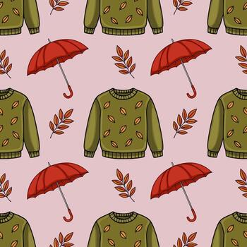 sin costura modelo presentando otoñal elementos aceituna verde suéter con hoja imprimir, rojo paraguas, y naranja rojo hojas en un pálido rosado fondo, creando un acogedor y elegante diseño. vector