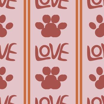 sin costura modelo presentando estilizado pata huellas dactilares y el palabra amor en un terracota y sonrojo rosado paleta, creando un encantador y romántico diseño ideal para textiles o marca. vector