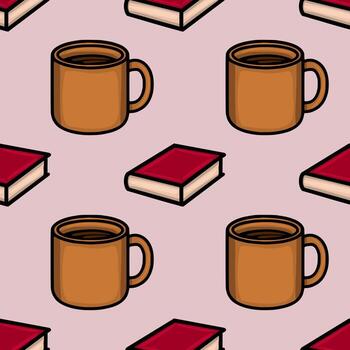 sin costura modelo presentando un repitiendo diseño de marrón café tazas y borgoña libros, creando un acogedor y estudioso atmósfera. vector