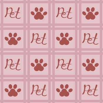 Seamless pattern with repeating stylized Pet lettering and paw prints on a soft pink background, featuring a delicate grid overlay for a charming and subtle texture. vector