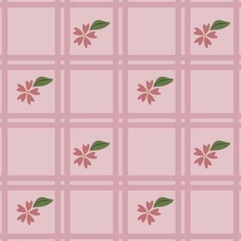 Seamless pattern featuring delicate pink flowers and leaves on a soft pink background, overlaid with a subtle grid for a charming and elegant design. vector