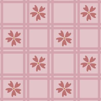 Seamless pattern with stylized pink flowers arranged in a grid on a light pink background, featuring a subtle plaid overlay for a unique textured design. vector