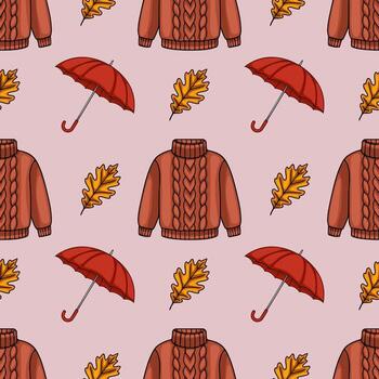 Seamless pattern featuring autumnal elements a red umbrella, a warm brown cable knit sweater, and falling oak leaves on a soft pink background, creating a cozy and stylish design. vector