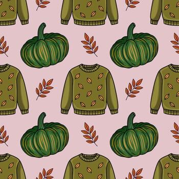 Seamless pattern featuring cozy autumn elements green pumpkins, olive sweaters with leaf patterns, and reddish orange branches, creating a warm and inviting fall design. vector