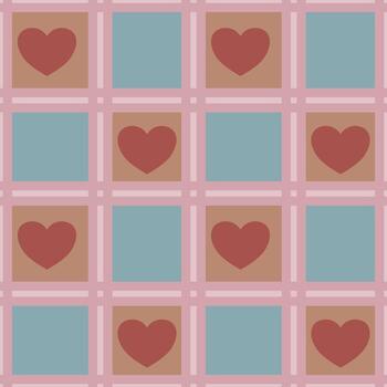 Seamless pattern with terracotta hearts in pastel brown and blue squares, creating a delicate and romantic grid design. vector