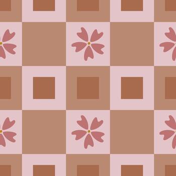 Elegant seamless pattern featuring a subtle checkered backdrop with stylized pink flowers and terracotta squares, ideal for textile design or website backgrounds. vector