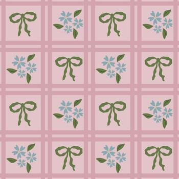 Seamless pattern featuring a delicate interplay of olive green bows and light blue floral bouquets, arranged within a soft pink grid for a charming and elegant design. vector