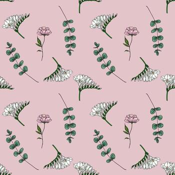Elegant seamless pattern featuring delicate freesia flowers, eucalyptus branches, and subtle pink blossoms, creating a soft and romantic design ideal for various applications. vector