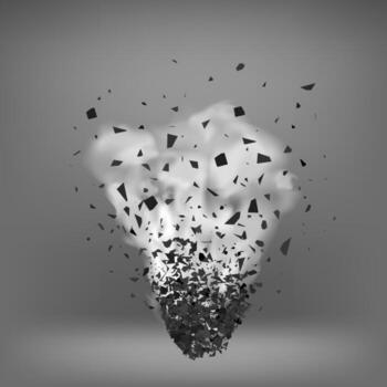 Explosion Cloud of Black Pieces on Gray Background. Sharp Particles Randomly Fly in the Air. Big Explosion vector