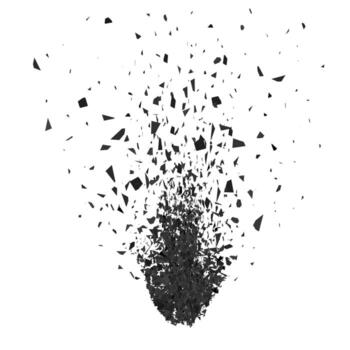 Explosion Cloud of Black Pieces on Gray Background. Sharp Particles Randomly Fly in Air. Big Explosion vector