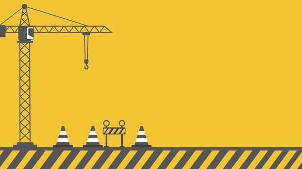 illustration of a construction crane, safety cones, and striped warning area on a yellow background. Perfect for building, architecture, engineering, and under construction concepts. vector