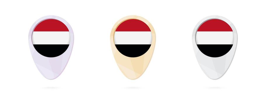 mapa marcadores con bandera de Yemen, 3 color versiones. vector