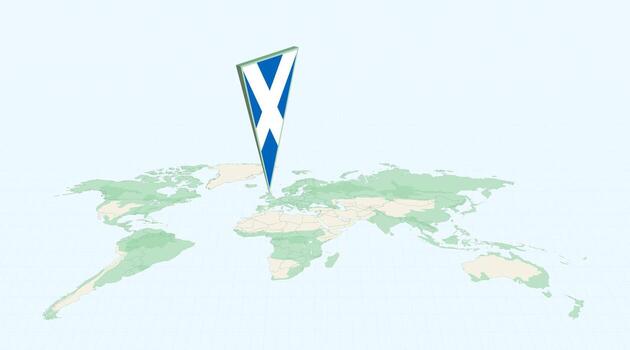 Highlighted Scotland on Global Map with 3D Flag Location Pin of Scotland. vector