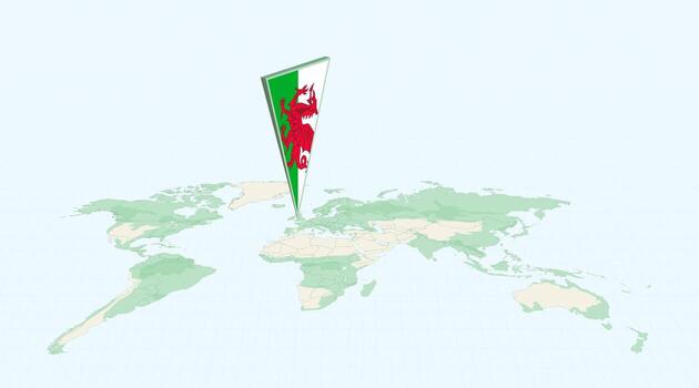 Highlighted Wales on Global Map with 3D Flag Location Pin of Wales. vector