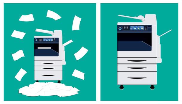 Printer with paper flying around vector