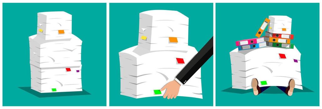 Overwhelmed by piles of paperwork vector