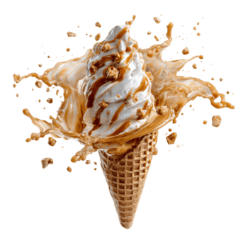 Exploding ice cream cone with caramel and nuts on transparent background png