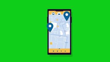 mapas con alfiler en Teléfono móvil. GPS navegación. dirección puntero para ubicación buscar animación en verde pantalla. video