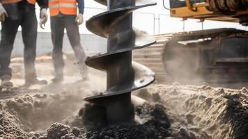 perforazione macchina con grande coclea po scavo sporco e rocce a partire dal terra. estrazione di metropolitana Materiale per geotecnico analisi e fondazione valutazione. suolo campionamento durante video