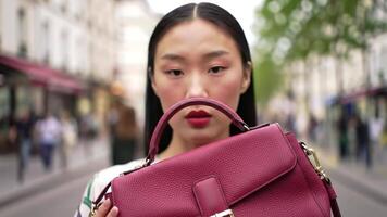 mujer participación profundo rojo cuero bolso en ciudad video