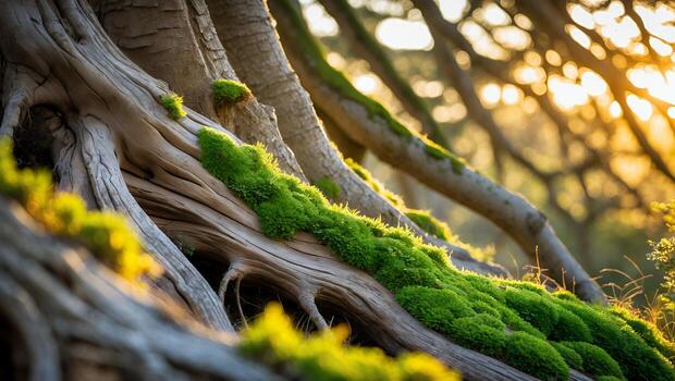 Moss Covered Tree Branch in Forest with Golden Sunlight Shining Through photo
