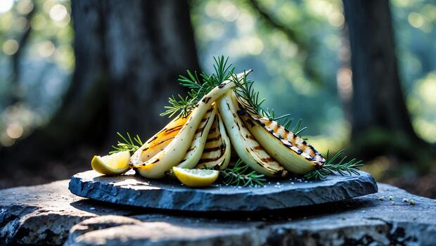 Grilled Fennel and Lemon Presentation with Rosemary on Stone Slab photo