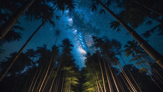 Looking Up at Milky Way Through Dark Forest Canopy at Night photo