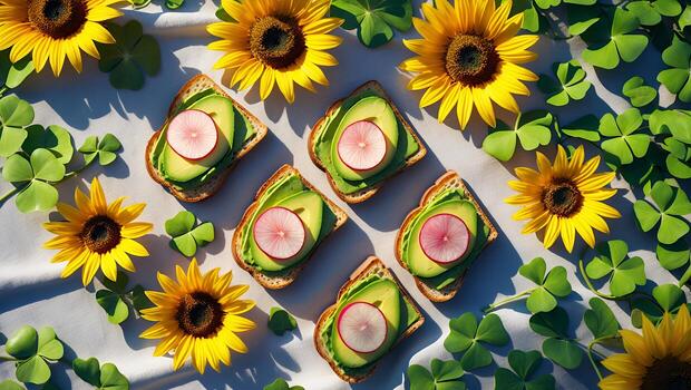 Avocado Toast with Radish Surrounded by Sunflowers and Clover photo