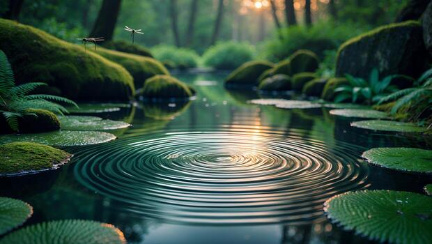 Ripples Expanding on Pond with Lily Pads and Lush Greenery photo