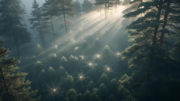 Sun Rays Streaming Through Forest Canopy with Spiderwebs and Mist photo