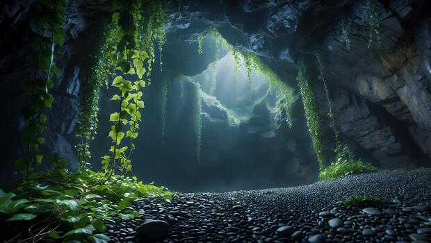 Exploring Dark Cave Entrance with Green Vine and Pebbled Path photo