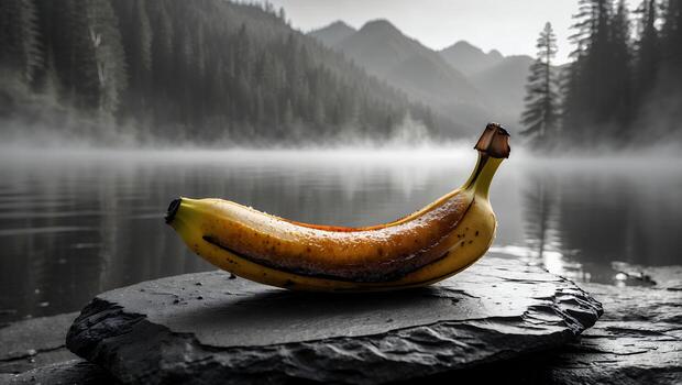 Banana on a Rock Slab Overlooking Calm Lake with Misty Mountains photo