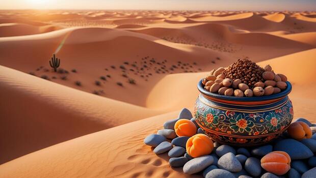 Pot of Nuts and Apricots in Desert Sand Dunes Landscape photo