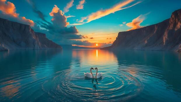Swans Forming Heart Shape on Lake at Sunset with Mountain Views photo