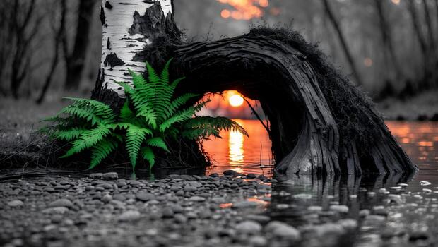 Ferns and Fallen Tree at Sunset Reflecting on River Water photo