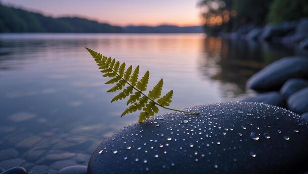 Fern Leaf Resting on Stone by Lake at Dusk with Water Droplets photo