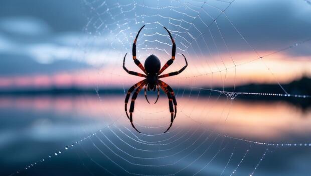Spider Weaving Web at Dusk Over Water Creating Intricate Pattern photo