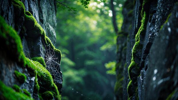 Mossy Rocks with Spiderweb in Forest Green Nature Setting photo