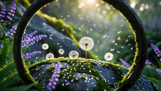 Dandelion Seed Dispersion on Mossy Rock with Wooden Frame in Sunlit Meadow photo