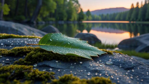 Lying Leaf Covered in Water Drops on Rock Near Lake Edge photo