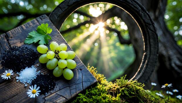 Grapes with Salts and Sunshine Backdrop on Rustic Wooden Board photo