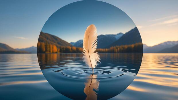 Feather Touching Calm Lake Water Creating Ripples in Scenic Landscape photo